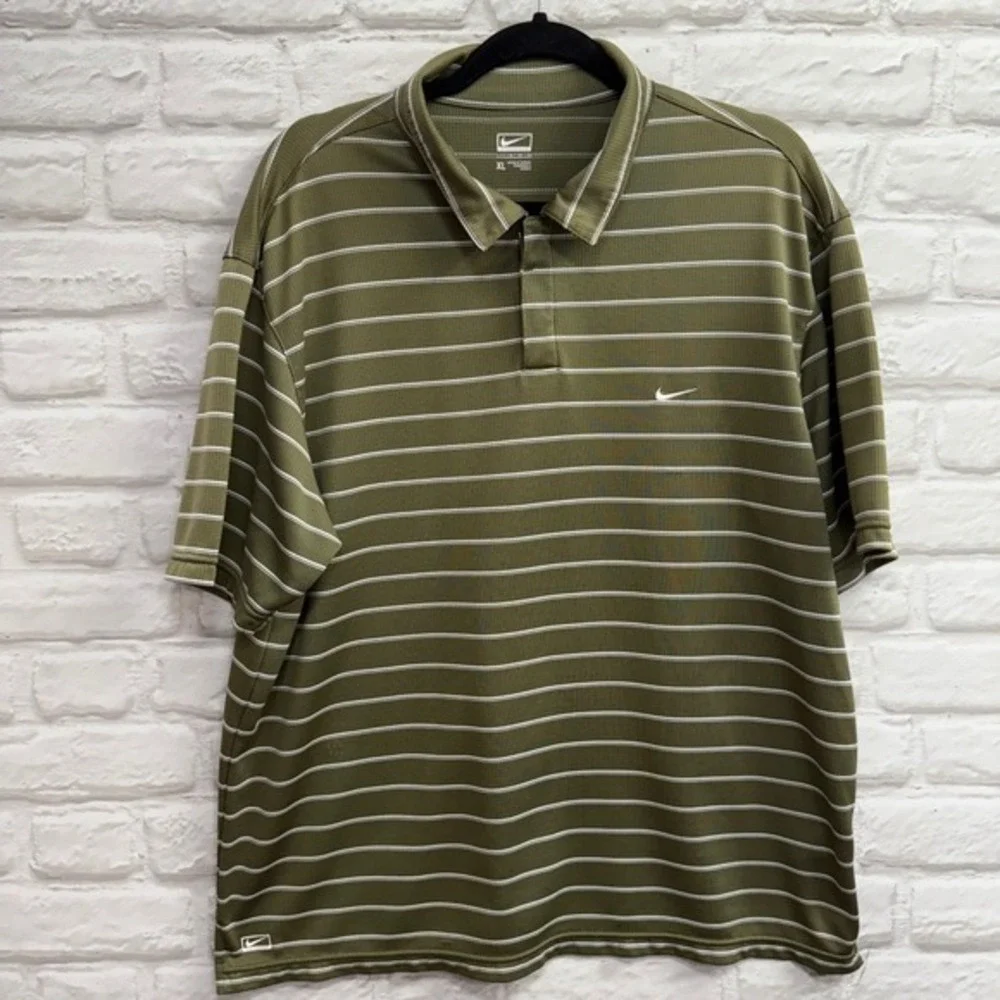 Nike Golf Polo Shirt Mens XL Green White Stripe Dri-FIT Short Sleeve Performance